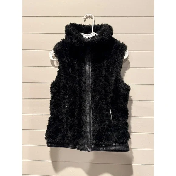 Zara Trafaluc Black Faux Fur Moto Vest Faux Leather Trim Small - Picture 1 of 9